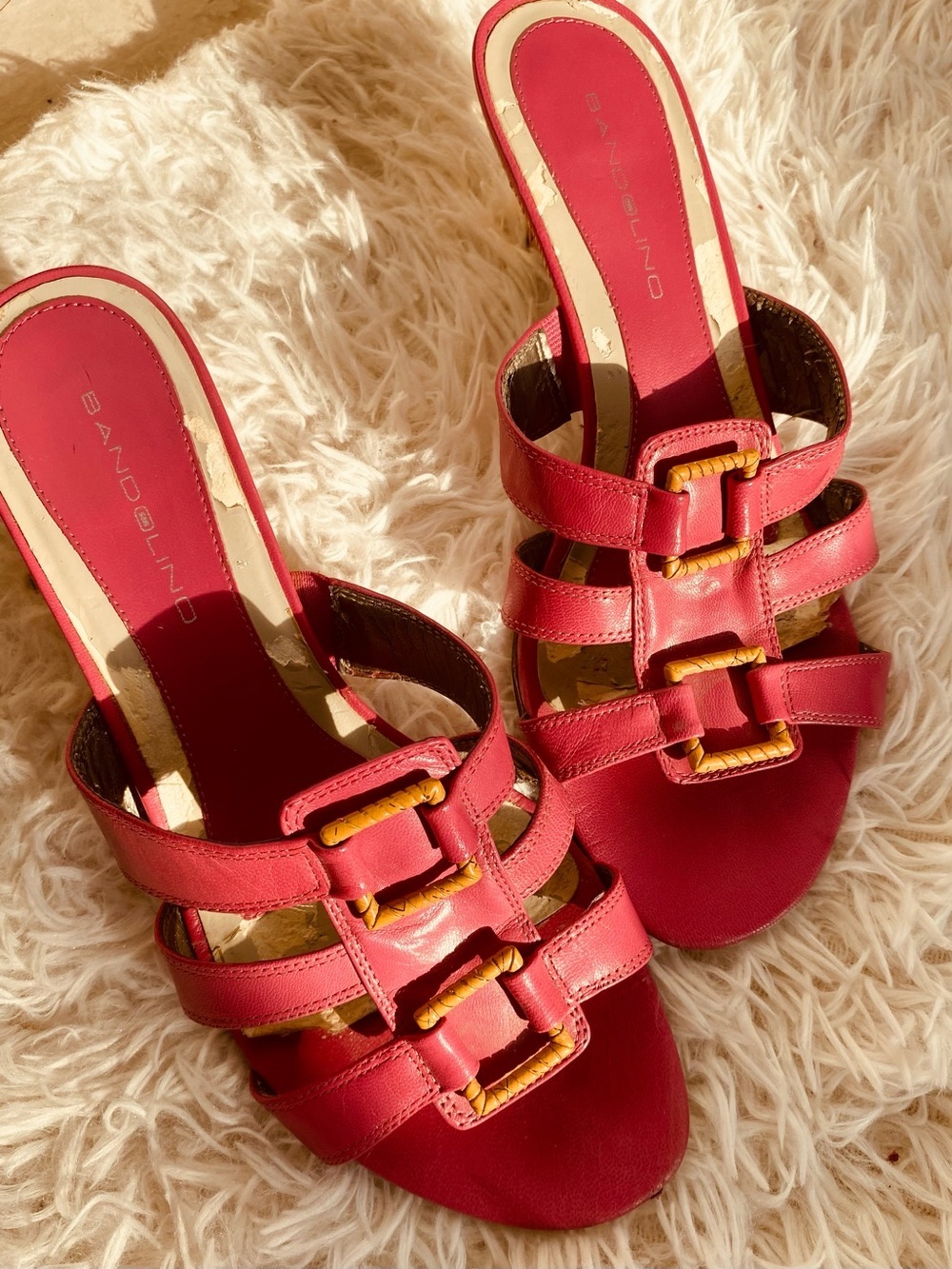 BANDOLINO PINK LEATHER RAFFIA HEEL SLIDE SANDALS Size 8.5